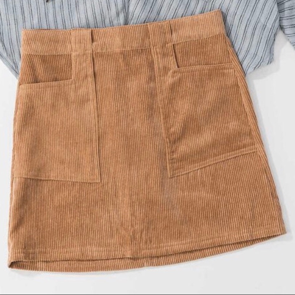 Corduroy Camel Skirt with Front Pockets